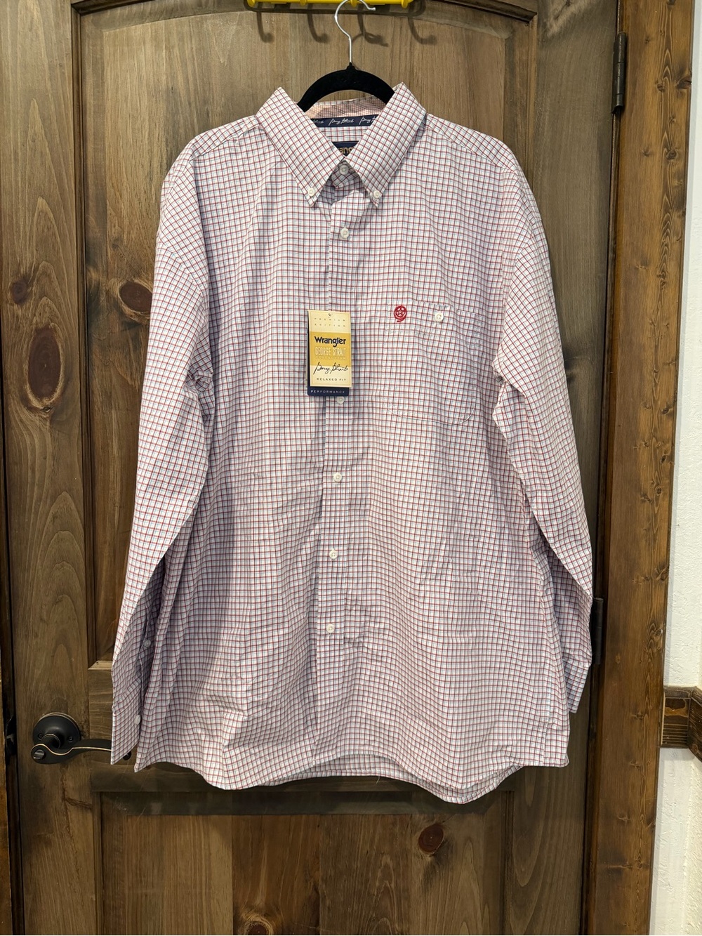 Wrangler Men’s Long-Sleeve Red Check Button-Down Dress Shirt